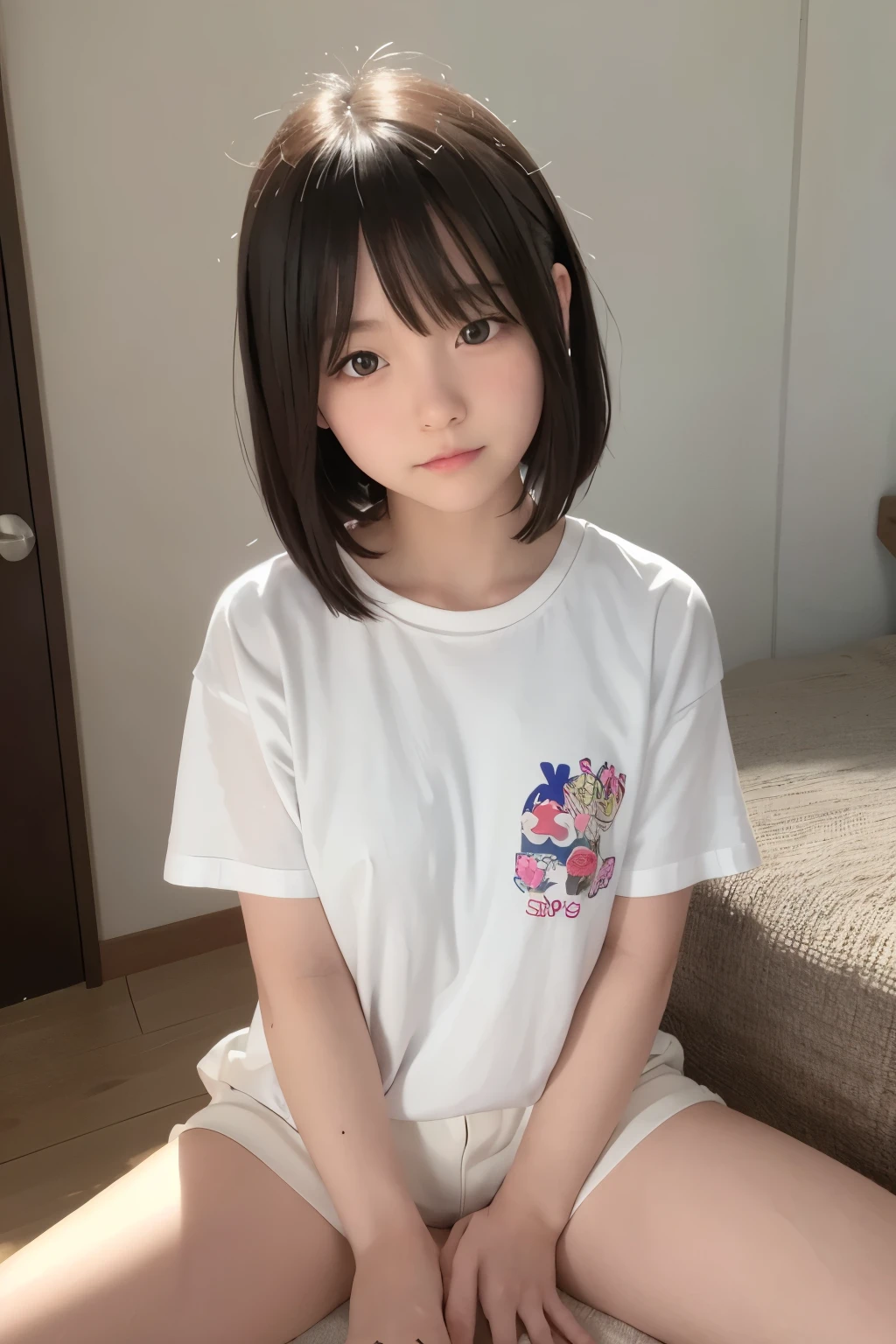 ((top-quality、in 8K、masterpies:1.3))、1girl in、Beautiful woman with slim abs accent:1.3、Super Detail Face、Delicat eyes、二重まぶた、full body Esbian、poneyTail、、20yr old、be shy、summer clothing、Brown hair、Tighten hair、PINK SHIRT、a bed、laugh、a smile、smil、approach、all-fours
