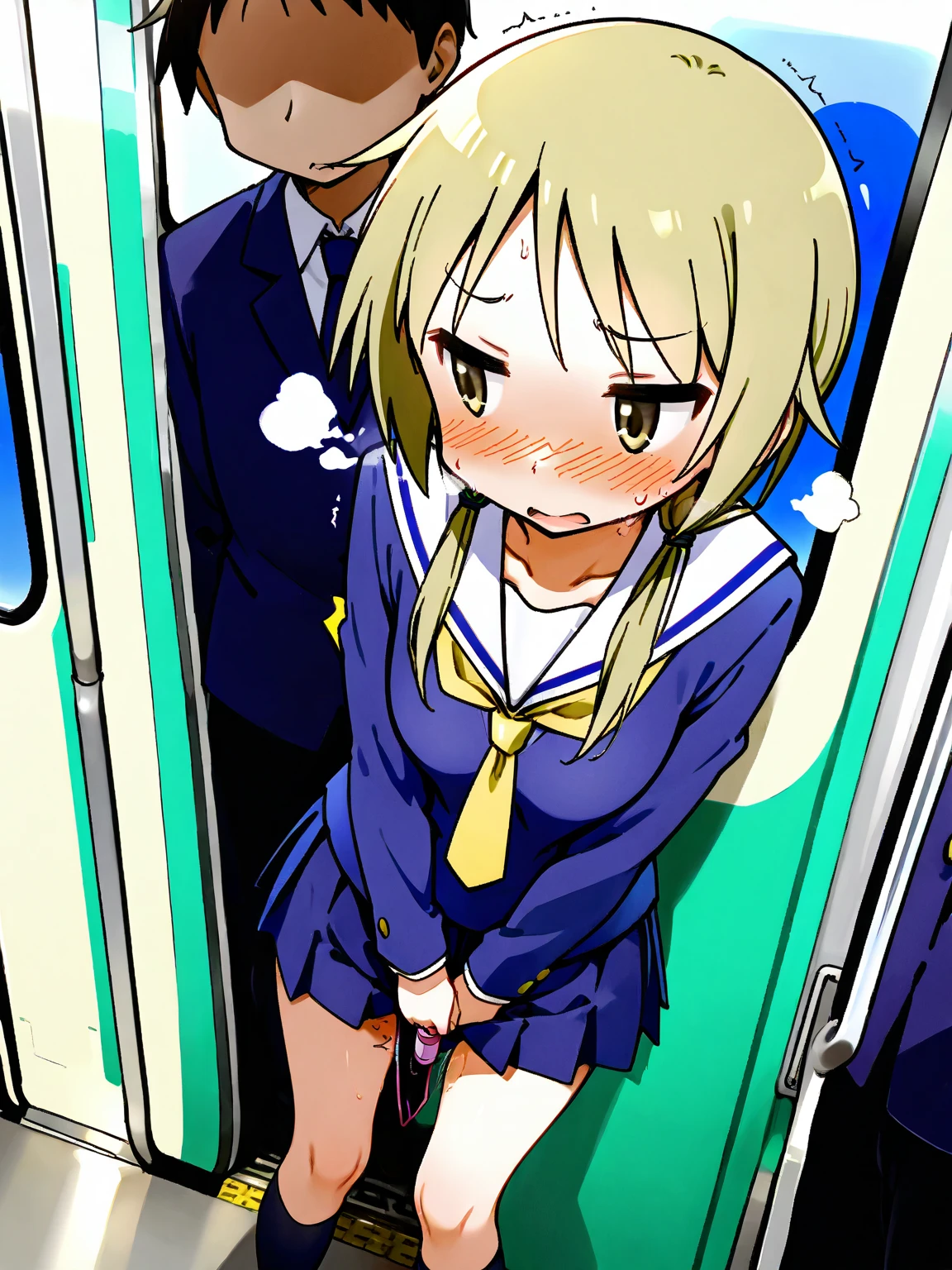 A middle-aged man is touching the buttocks of a crying girl in a blazer uniform with black bob hair who is holding on to the handrail of a train