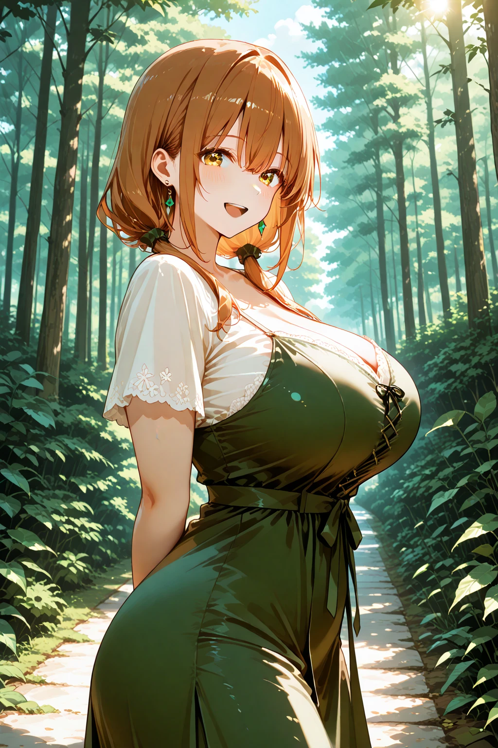4K,hight resolution,One Woman,alraune,brown haired,huge tit,hime,tiarra,Dress made of grass,Flower Embellishment,Leaf decoration,in woods