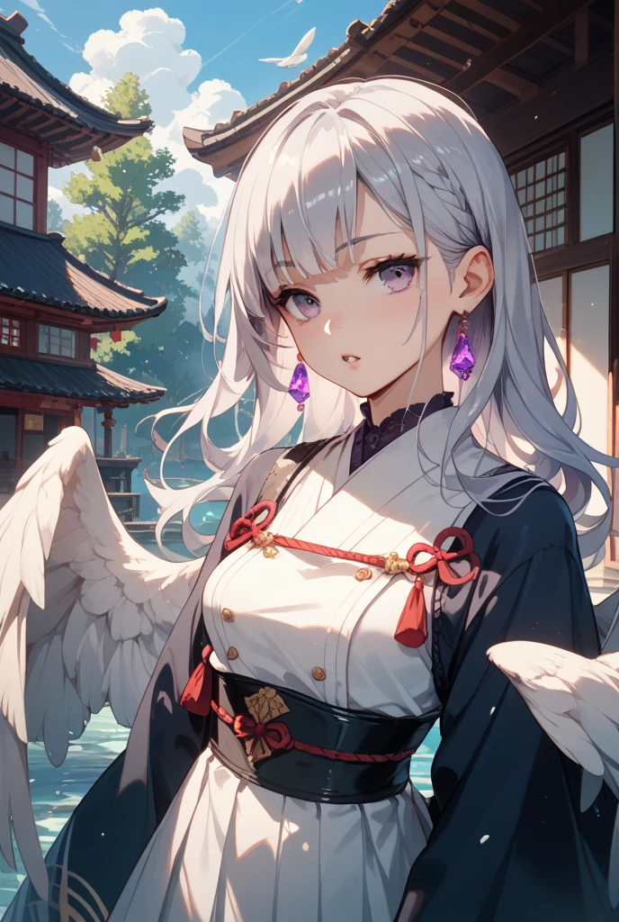 ((best quality)), ((masterpiece)), (detailed), une fille, visage parfait, cheveux longs, ((golden hair)), curly hair, decorated cheveux, yeux bleus ultramarin, ((huge-breast)), ((casual wear punks, casual wear)), casual wear déchirés,

  ((((Bijutsu-shi, Kimi ga Suki, 1200K, ultrahigh resolution)))), 1girl, serene, sitting, (long, silver hair, side parting), ((white skin, pale complexion)), ((violet eyes, shimmering with starlight)), (((ultra detailed eyes:0.8, beautiful and detailed face, detailed eyes:0.9))), ((three-quarter view, waist-up)), facing left, (((indoor, temple, daylight, clouds in background:0.9))), (chestnut braids), leaning forward, ((expressive, loving gaze)), ((perfectly manicured hands, elbows resting on knees)), ((hands on hips, wingtips half-concealed)), ((shimmering aura, silver wings)), lively expression, soft focus, warm lighting, indoor, temple, background, ((defined subject)), 21 years old, ((winged figure)), (((ethereal))), ((calm)), (((high contrast, soft edges)))