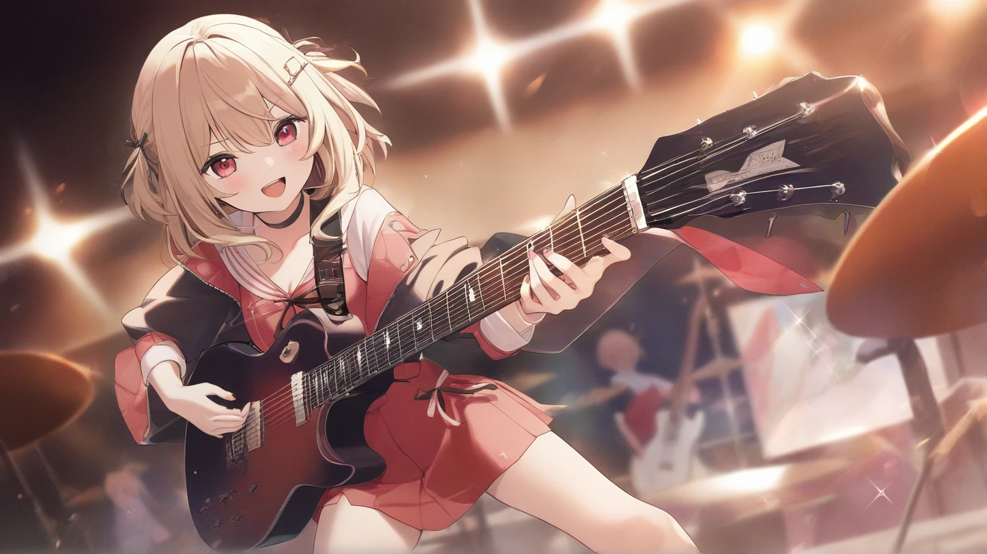 1 Girl, Play the guitar, , night, contour, From below, Separate sleeves , Asymmetrical Leg Clothing, fender mustang, crop,