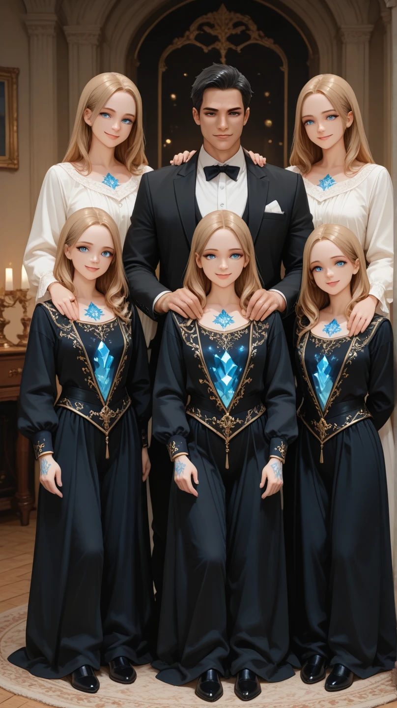 Photorealistic 3D Family portrait (Parents and 3 girls): Angels One Man white hair and beard and One Woman Blonde hair, In white and gold ceramic armor, Standing behind Angel twin girls in white and gold dress, And one older girl in white and gold dress, Brown long hair.