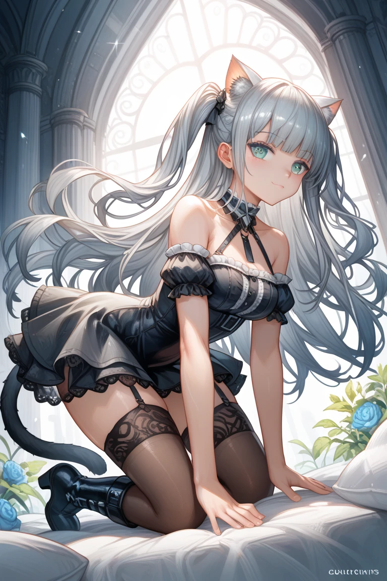 Absolutely beautiful cat lady, perfect slim body, mature royal sister, gray hair, royal sister face, maid outfit, sexy and alluring, beautiful face, bust, 4K picture quality, big body, feminine expression, blush shy, large bust, deep eyes, half naked