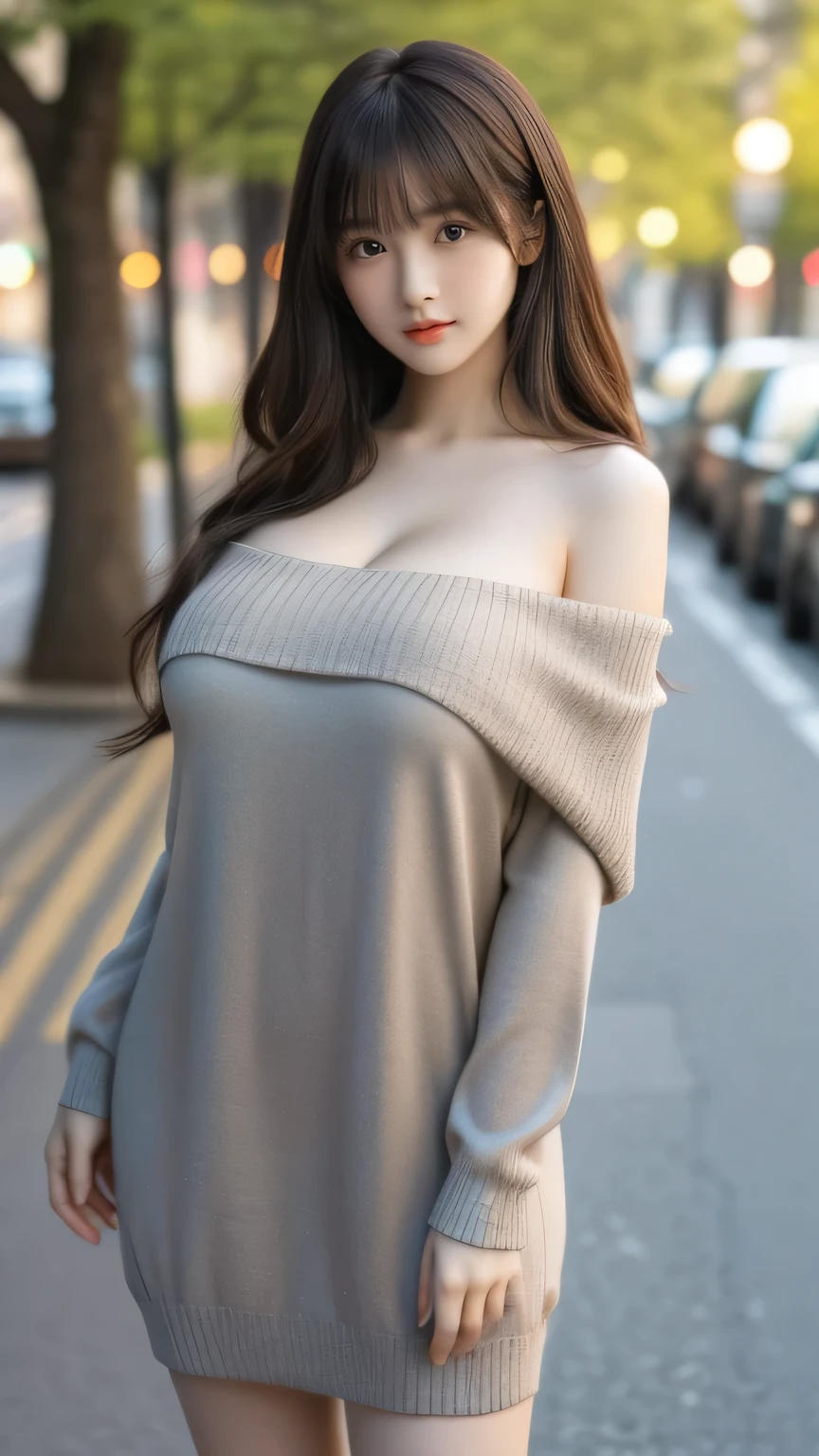 Ultra-high resolution, Superior Quality, Highest quality, Super detailed, Realistic, 8K, RAW Photos, Highest quality, masterpiece, Attractive girl, A wonderful girl, Brown Hair, Shoulder-length layered, Asymmetrical bangs, Idol, Sophisticated, stylish, White off-shoulder knit, Shibuya Ward, Large Breasts,Micro Mini Skirt,