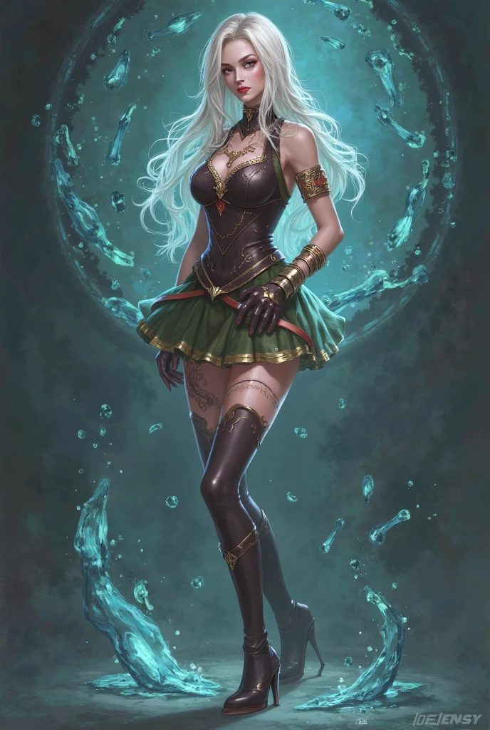 ((full-body photo, feet on the ground, front view)). Princess Zelda, {big breasts, red cheeks, red lipstick on her mouth, looking at the viewer}, ({black outfit with gold trim/maid's outfit with short shorts)}, she's bathing in a waterfall in an open area falling water, clothes and hair soaked. She has {(short green hair, blue eyes)}, anime, anime style, motion blur, 16k, high quality, super detail, textured skin, anatomically correct, masterpiece, masterpiece, masterpiece, UHD, ccurate