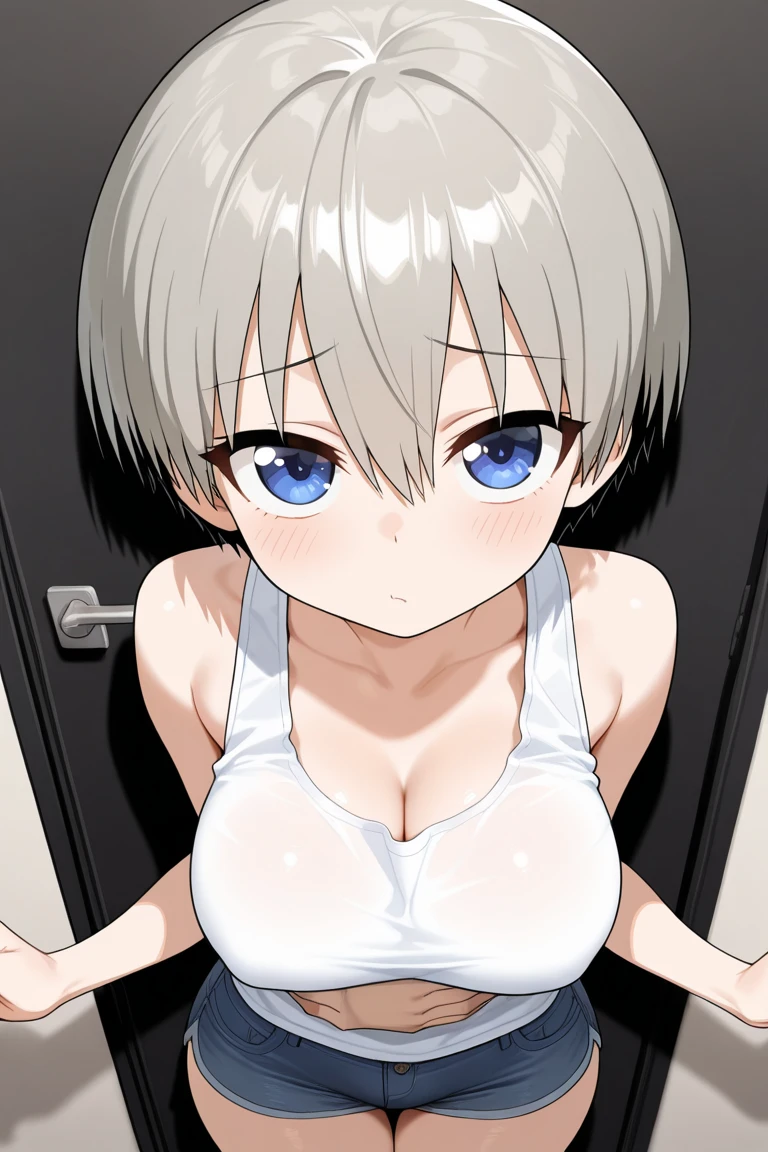 1 girl,宇崎花,short hair,blue eyes,bangs,gray hair,hair between eyes,exquisite visuals, High resolution,masterpiece,highest quality,1girl,masterpiece, expensive quality, very_expensive_solve, big_file size, full color,(completely nude:1.2),pussy,niplles,(loli kid),spread legs,(vaginal sex:1.2),doggy style,on back,
