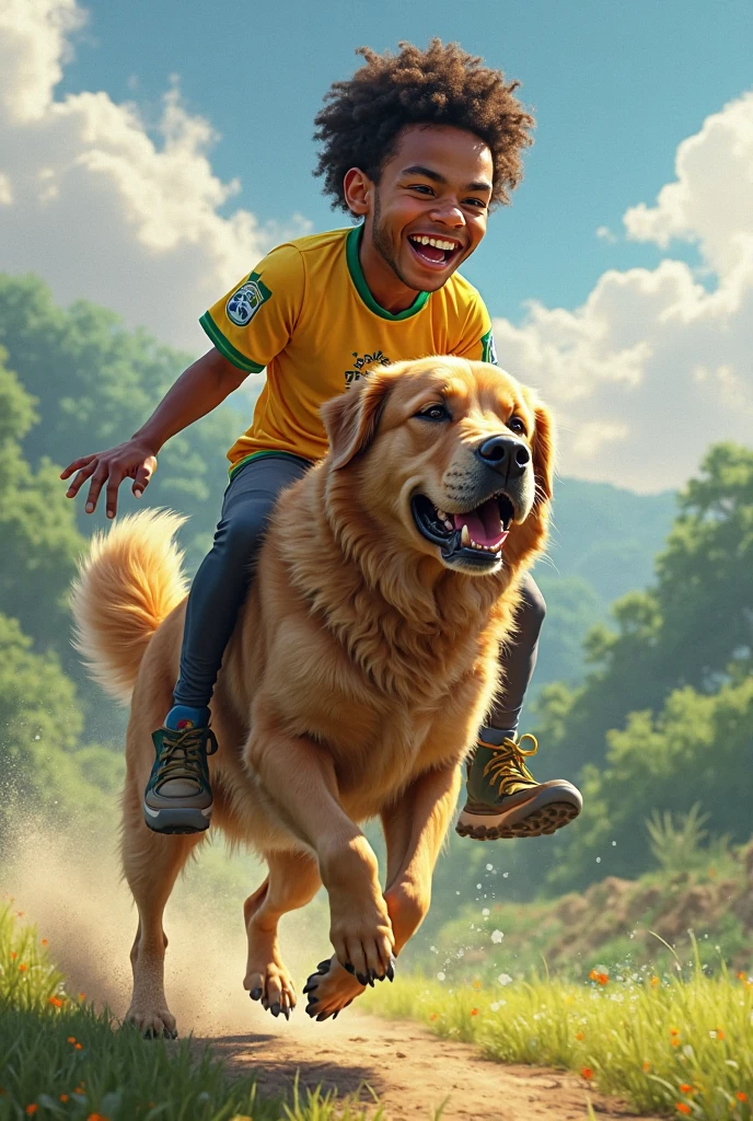 A poor Afro-Brazilian boy on a football field in Porto Alegre Rio Grande do Sul Brazil drawn by Todd McFarlane and Greg Capullo, he is wearing old and torn clothes, he is playing with a soccer ball and playing with his dog, a football field in the background, Robert Downey Jr Reference.., he plays with the football with the dog,He does a hang loose with both hands, a sign that is characteristic of surfers, engine unreal, octane rendering, por Jacob Lawrence e Francis picabia, perfect composition, beautiful detailed intricate insanely detailed octane rendering trending on artstation, 8k art photography, photorrealistic concept art, soft natural volumetric cinematic perfect light, Bright dark, rewarded photography, artwork, rafael, Greg Rutkowski, beetle, Beksinski, giger, a smile on the face with two large central incisor teeth, large, protruding gums, the detail, highy detailed, photo realist