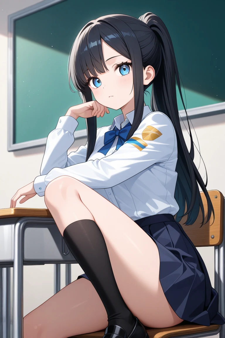 school classroom　on the desk　Elementary school girl　8-year-old　Flat Chest　Black Hair　Long Hair　The eyes are blue　A shy smile　（（1 person））　Navy blue short-sleeved sailor suit　Navy blue mini skirt　White panties　White socks　Indoor sports boots　squat（（I can see White panties））　from the front　Dynamic Angle　Low - Angle