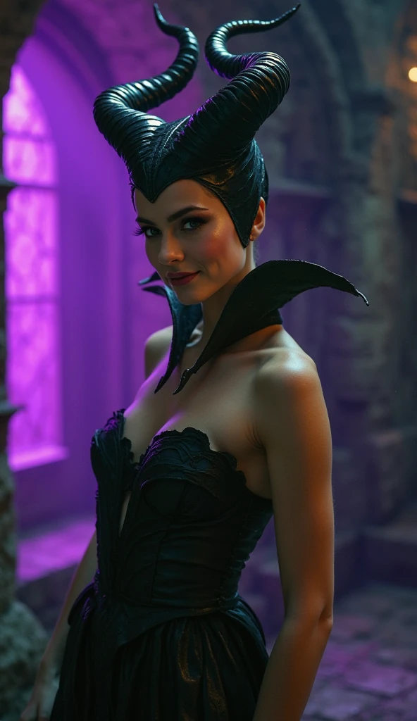 A stunning portrait of Maleficent sitting on a toilet in her dungeon, ornate toilet, emphasis on her horns, purple highlights, purple reflected light, in the nude, young and beautiful, hyper realistic, real portrait, backlit, exquisite features, cleavage, sexy, seductive, unnatural light, soft light, location is the interior of a dungeon, green light, eerie, purple highlights:1.4, she is smirking, she is busty, her chin is raised, looking down at viewer, low angle shot, exquisite features, exotic, high cheekbones, show her full horns