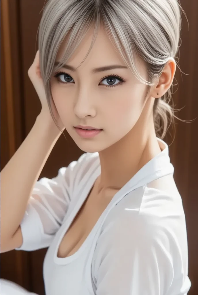 : (best quality, masterpiece, colorful, dynamic angle, highest detailed), battle bunny riven, 1girl, strapless leotard, pantyhose, rabbit ears, folded ponytail, white hair, necktie, wrist cuffs (downblouse, loose t-shirt, leaning forward ), leaning back, sitting, front view, looking at viewer, inside a cruise ship, noon, midday, (cleavage), dark theme (hyper realism, soft light, dramatic light, sharp, HDR)