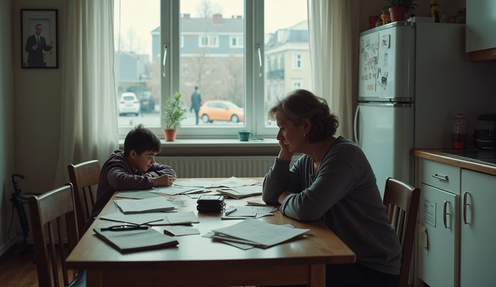 The mother angrily told her child to hurry up and do his homework.，The child sits on the desk nervously and aggrieved