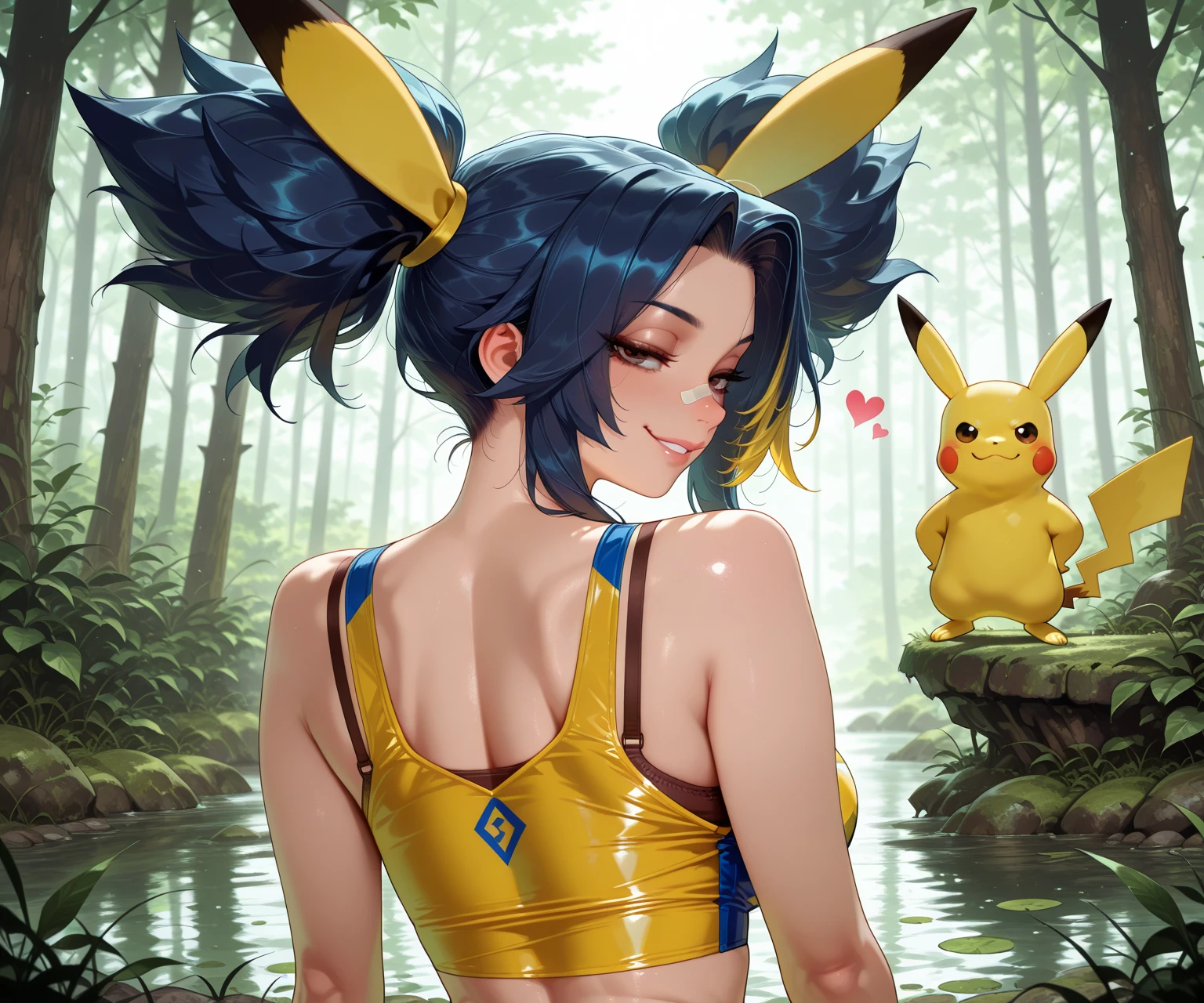 Masterpiece in UHD, with sharp details, in the style inspired by ((Ken Sugimori for Fakemon)). | A 20-year-old woman, stands out in the midst of intense rain in the night forest. Wearing a white t-shirt with short red sleeves, a pleated black chadres skirt, and white sneakers, she gazes at the viewer with her beautiful eyes, displaying a mischievous smile. Her short blue hair, with a large fringe in front of her eye, adorned with two pigtails and metallic clips. Beside her, a powerful Plant-type Pokémon, with large eyes and a flower on its back, completes the magical scene. Rocky structures, trees, logs, and altars with ancient inscriptions make up the rain-soaked environment. | The slightly tilted angle highlights the woman's interaction with the ((Pokemon)), while soft lighting emphasizes expressions and details. The rain effect pronounced, providing an intense and mysterious atmosphere. | Captivating night scene with a captivating woman and her Pokémon in the rainy forest. | {The camera positioned very close to her, revealing her entire body as she adopts a dynamic_pose, interacting with and leaning on a structure in the scene in an exciting way} | She adopting a ((dynamic_pose as interacts, boldly leaning on a structure, leaning back in an exciting way):1.erfect_pose)), ((perfect_pose):1.5), (((full body))), ((perfect_fingers, better_hands, perfect_hands, perfect_legs)), ((perfect_fingers, better_hands, perfect_hands, perfect_legs):0.7), More Detail --auto --s2