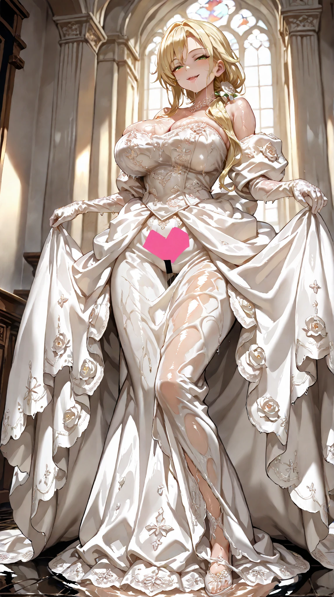 Close-up of beautiful bride wearing beautiful wedding dress, Gurwitz, (bridal veil:1.5), (Transparent short veil:1.5), Blushing face, head flower, headgear, (tube top wedding dress: 1.5), (Silk dress: 1.2) (Strapless wedding dress: 1.5) pure white dress, necklace, earrings, (large breasts:1.3), Deep V peach heart collar wedding dress, bangs, lipstick, (lace gloves: 1.3), whole body, high detail RAW color art, Long white dress, whole body, place your hands behind your back