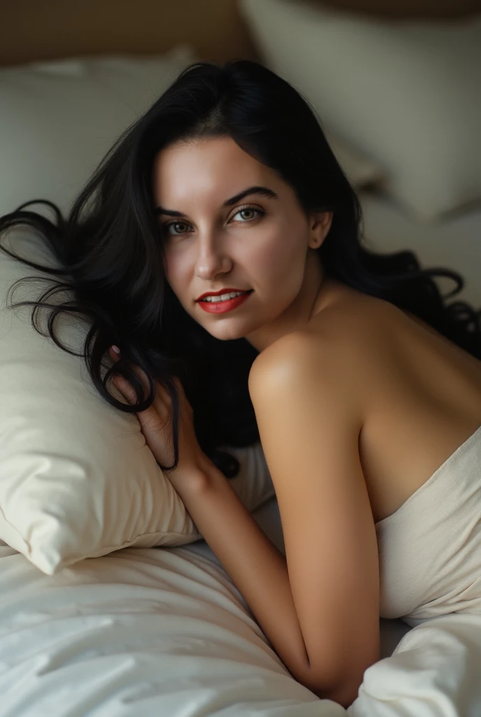 A sexy naked woman lying sensually on a bed with big breasts and brown hair and bangs