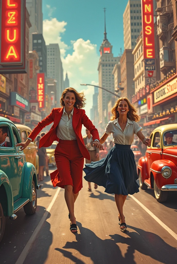 two women in skirts are standing on a city street, inspired by Tim and Greg Hildebrandt, boris vallejo and tom bagshaw, by mads berg, by Marshall Arisman, ( ( mads berg ) ), rob rey and kentarõ miura style, by John La Gatta, promotional art, promo art, by Wayne England