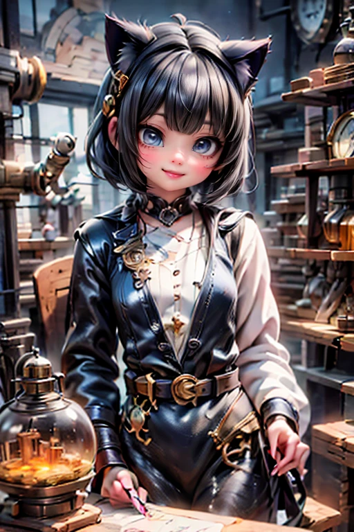 chibi girl Irritation emotion, Exaggerated Features, steampunk style, full body, crayon art, unlimited Shading, Vibrant long long curly black hair Hair & brown neon lighting, sketch artstyle, graycale, monochrome,
