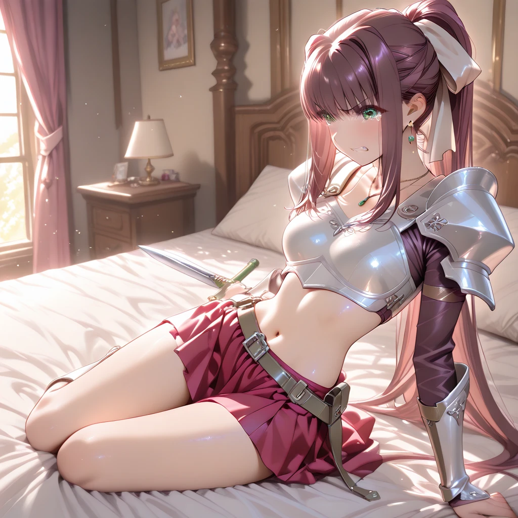 Anime girl lying on the bed,Sword in hand, Attractive anime girl, fine details. Girls' Frontline, Ayaka Genshin Impact, From Arknights, from Girls' Frontline, Azur route style, anime goddess, From the Azur Lane video game, Top rated on Pixiv, Beautiful charming anime woman, Anime girl squatting, Gothic girl anime girl(((Full breasts,)))(((Large Breasts))) (((Cleavage))),