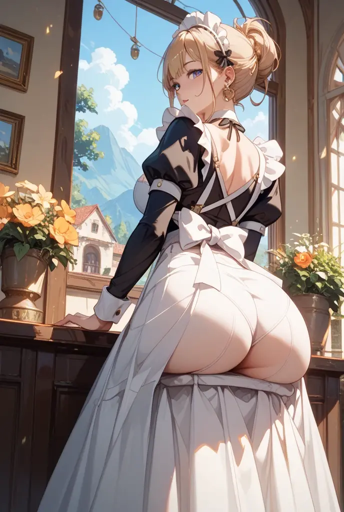 Best quality, 8 K, detailing, Pretty Girl, ideal figure, perfect ass, no bra, thong, erotic maid costume, perfect pose, shows its charms, very embarrassed, strong excitement