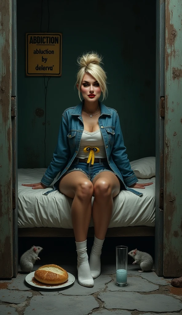 (((Android 18))), dragon ball, (1girl), ((blond short hair)), ((spreading pussy)), (open topless denim crop jacket), detailed nipples, ((small Breasts, rounded breasts:1.3)), ((accentuated breast, large pelvic, wide hip, midriff, narrow waist, curvy waist:1.2)), ((slim, skinny waist, slender, skinny stomach:1.2)), beautiful asian looking woman of above-average height and fair complexion, She has shoulder-length blonde hair, hair part over her left temple tucked behind her ear, She wears small gold hoop earrings on both ears, open legs, brown boots, (symmetrical beautiful detailed eyes:1.2), ((above a destroyed city)), destruction, smoke and fire in the background, fire ambers in the foreground, raw photo, highly detailed, ultra hd, 8k (photorealistic, hyperdetailed:1.2), angry look, skindentation, lustrous skin, (solo), (pussy)