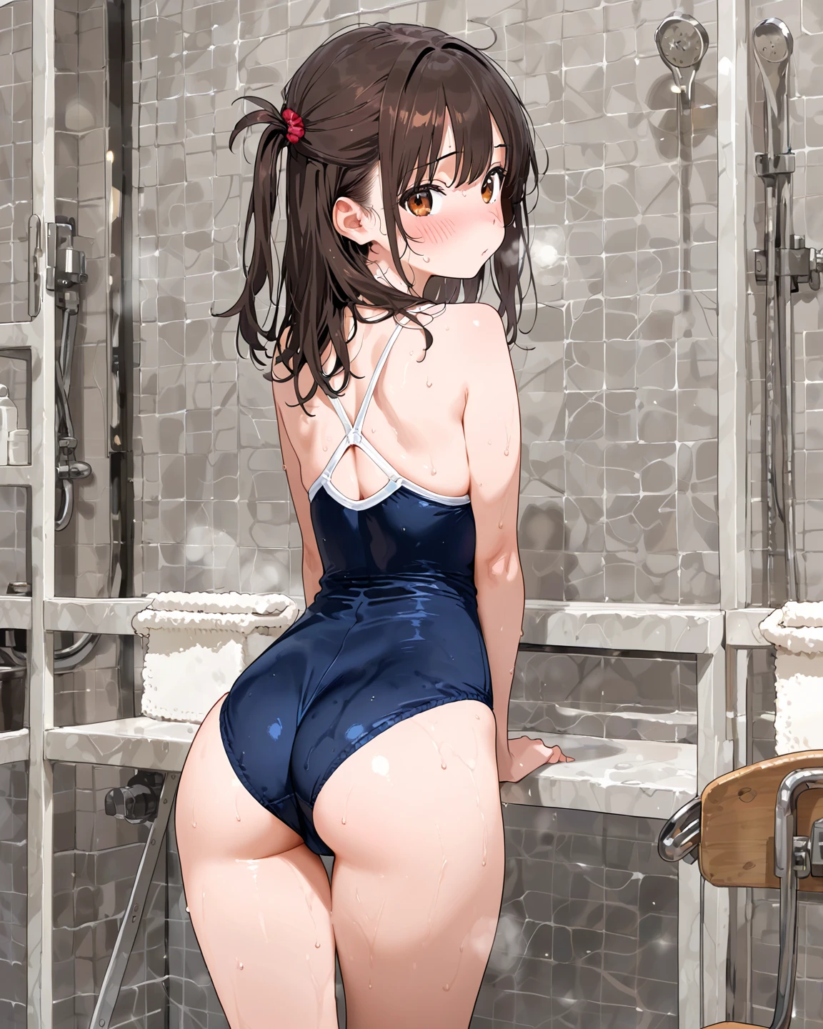 Reimu Hakurei, (Brown eyes:1.5), Brown Hair, bow, hair bow, Hair Tube, Long Hair, red bow, Side Lock, (((Slender body)))、(Navy school swimsuit)、Pool、View your viewers,blush、((Backwards、look back))、
Full Body Shot,Smile Break (masterpiece:1.2), Highest quality, High resolution, unity 8k wallpaper, (figure:0.8), (Beautiful attention to detail), Highly detailed face, Perfect lighting, Highly detailed CG, (Perfect hands, Perfect Anatomy)