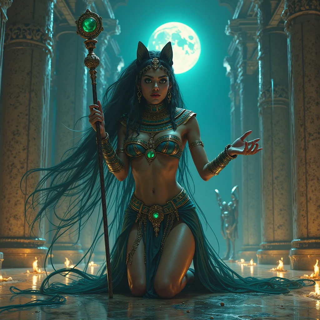 (Set in an Eldritch Horror, many eldritch monsters stalk the damsel) In ancient Egypt, (realistic Jessica Rabbit (Egyptian themed sultry makeup) in a (dressed appropriate to the scene)), alluring sultry, is panicked and struggling to run across the desert, she is being pursued by a large sex crazed eldritch monstrosity, moonlit night,painting-like,rich texture,full of details,masterpiece:1.2,realistic,photorealistic:1.37,ultra-detailed,professional, HDR,UHD,studio lighting,ultra-fine painting,sharp focus,physically-based rendering,vivid colors,bokeh,portraits,horror,landscape,realism,sci-fi,photography,concept artists,warm color palette,soft and diffused lighting