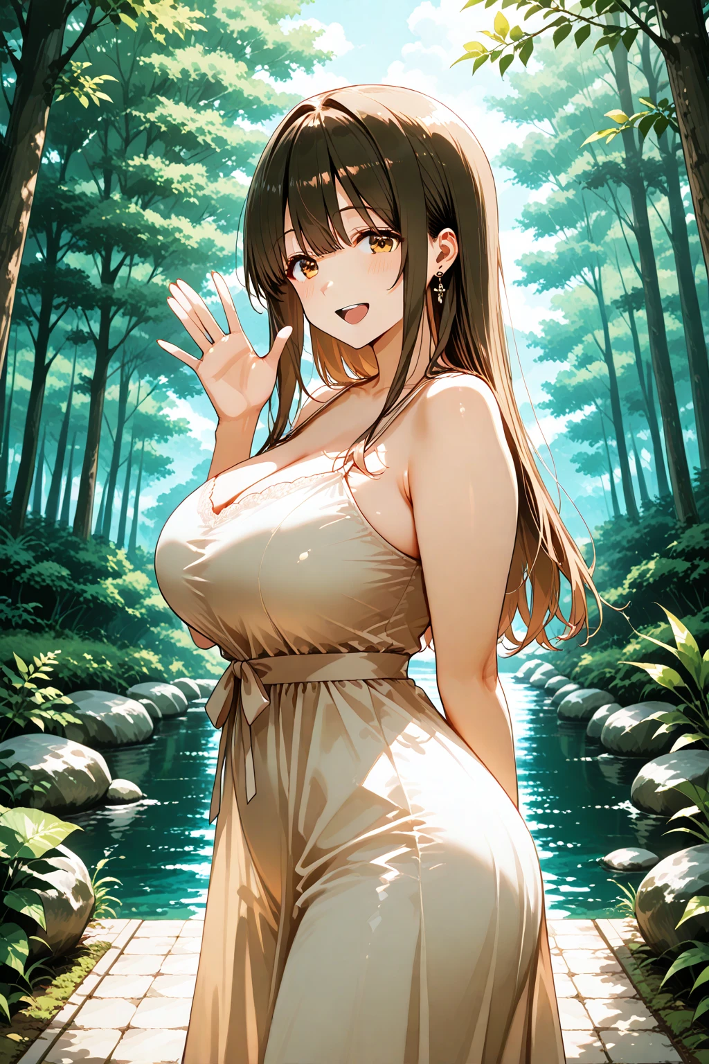 ((masterpiece)), ((best quality)), (ultra-detailed), ((extremely detailed)), 4K, (8K), best quality, (beautiful), a pretty woman, solo,Brown Skin、 (dark skin:0.8) ,beautiful light brown hair, light brown skin, beautiful green eyes, ((beautiful eyes)), triumphant look, smug look, self-satisfied look ,Masterpiece、White dress、Highest quality、Bunny ears、Tanned woman with big 、light brown hair color, forehead Long curlyWavy Hair、White shirt、Black Bra、Black panties、Hot spring inn、a bright moon shines over beautiful scenery of garden and river in night time, moon, architecture, tree, east asian architecture, full moon, scenery, night, cloud, sky、Lots of rabbits
