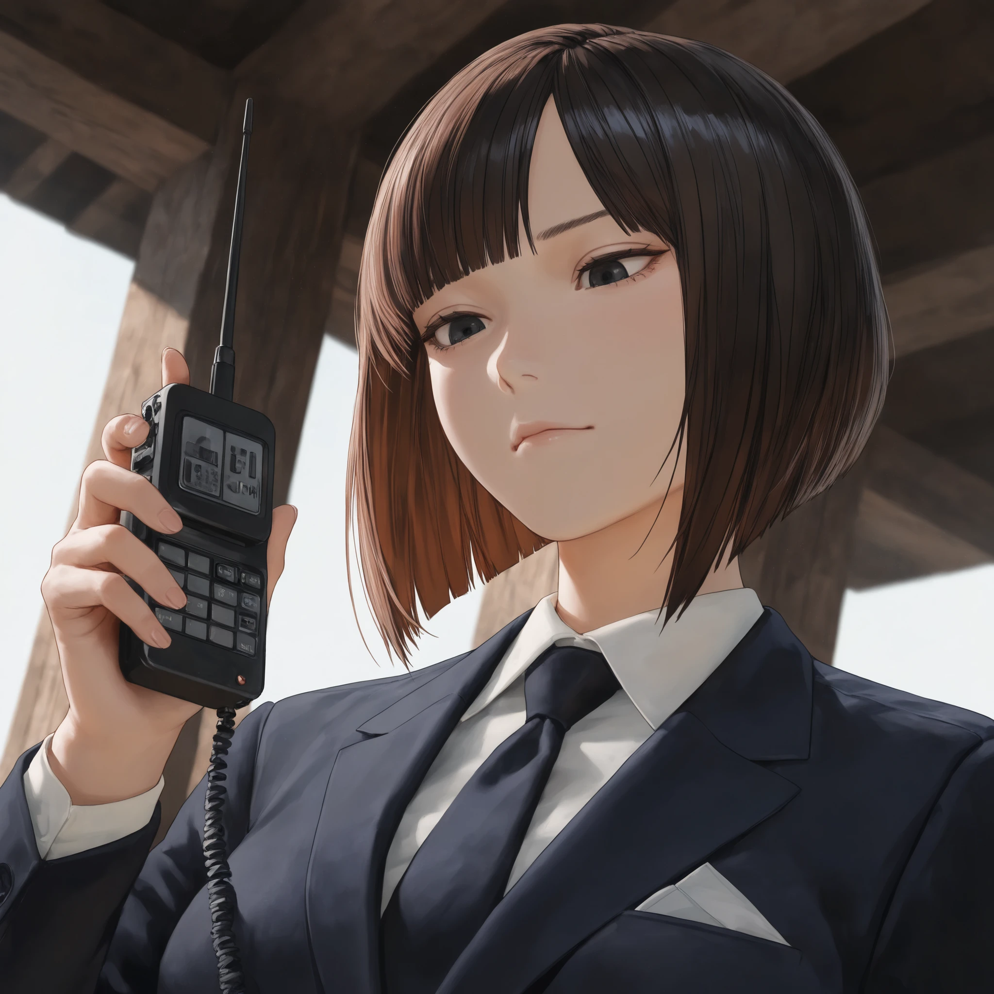 Masterpiece, top quality, ultra high definition, semi-realistic, realistic hair, soft details, realistic eyes, girl, black hair, black eyes, parted bangs, brown hair, rich hair, inverted bob, cute, Suit, Use the walkie-talkie, looking down, battleground, Contempt, angle from below
