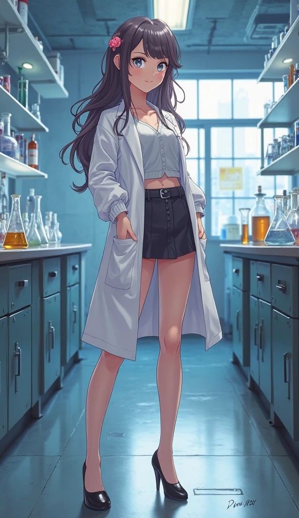 (masterpiece:1.2, highest quality), ultra high resolution, Super detailed, (realistic, photorealistic:1.4), beautiful illustrations, perfect lighting, colorful, Depth of written boundary,
looking at the viewer, whole body, Front view:0.6, 1 girl, alone, Japanese, university student, (big breasts:0.8, big ass, seductive thighs, skin dents),
(long hair:1.5, messy hair:1.7), light gray hair, asymmetrical bangs, emerald green eyes, (shiny skin),
beautiful hair, beautiful face, highly detailed face, thin and beautiful eyes, beautiful clavicle, beautiful body, beautiful breasts, beautiful thighs, beautiful feet, beautiful fingers,
(graduate School:1.8, chemical experiment, researcher:1.6)
((yellow tank top, doctor's white coat:1.8, hot pants, round glasses)), barefoot, (smile, open your mouth),