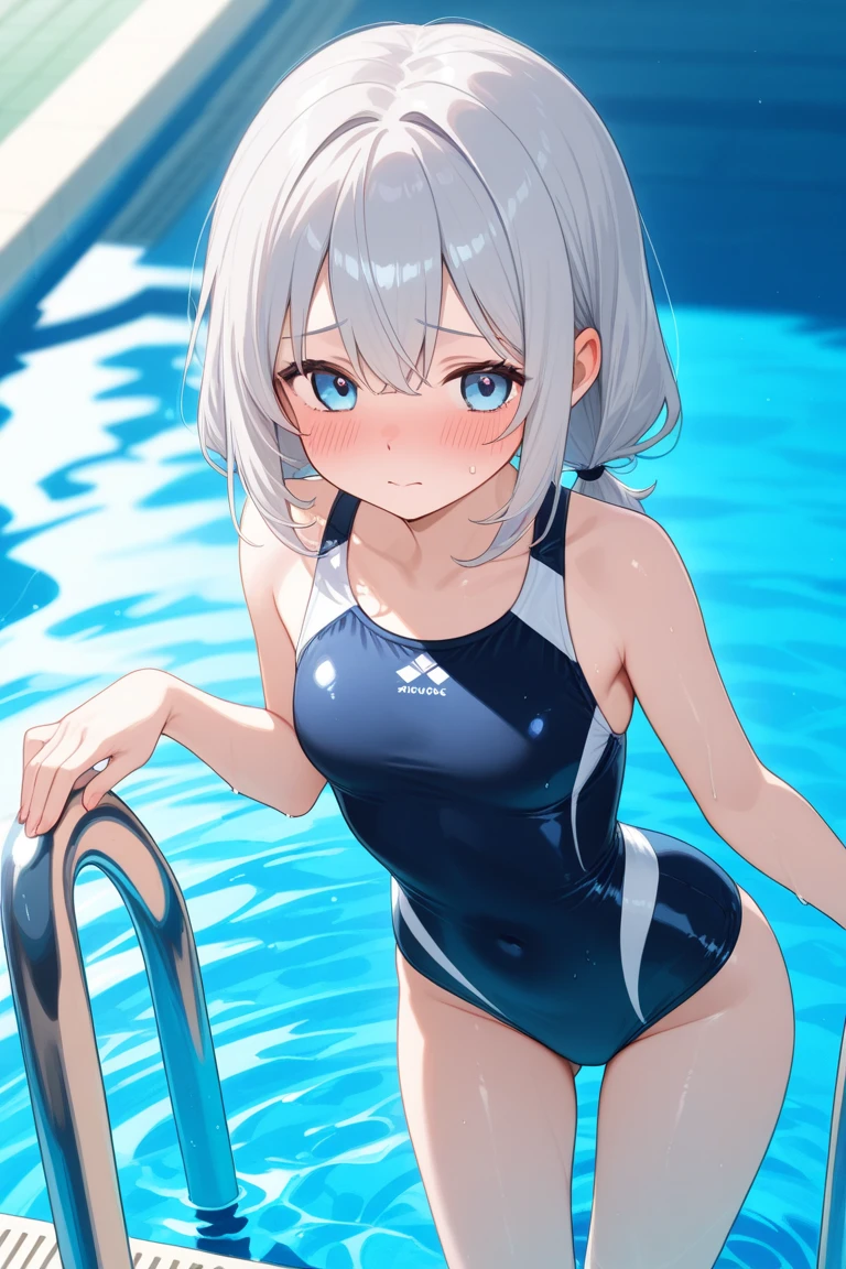 Silver-haired blue eyes、 girl、Small breasts、Twin tails、Laughter、Nico Nico Smile、Wink、 girl、Looks about 15 years old、Petan Musume、short、There are highlights on the eyes、Coming to the pool、Wear a cute swimsuit、Sliding down the slider