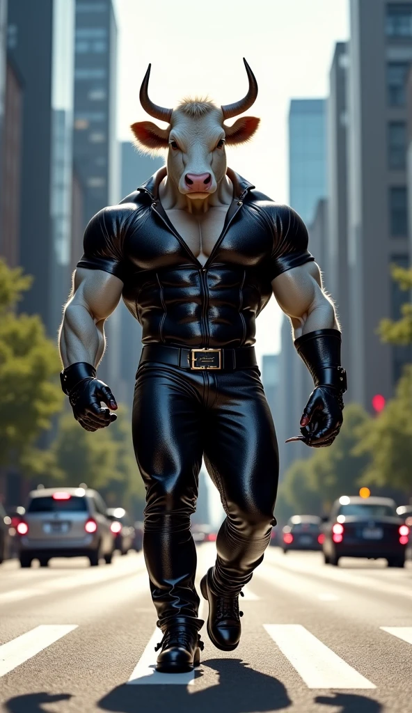 (masterpiece,best quality,ultra_detailed,highres,absurdres:1.2), cowboy shot digital art by pockyrumz of a (huge) (muscular) (roided) (pumped up) (hairy) anthro furry anthropomorphic (bull minotaur) biker (minotaur bull biker strongman powerlifter) wearing a (black leather pants and unbuttoned black leather jacket) with bare chest standing on empty street, (minotaur), (bull), (biker), powerlifter, strongman, stocky, burly, (black leather pants), (unbuttoned black leather jacket), (jacket), (bull head), (minotaur head), (furry body), (fluffy body), (black chest tuft), (chest tuft), (black arm tuft), (arm tuft), (white fur), (hairy), (horns), (bull horns), (minotaur horns), (thick pectorals), (mohawk), (mohawk hairstyle), (black mohawk), (large pectorals), (hairy chest), (thick pectorals), (large pectorals), (huge biceps), (huge pectorals), (veiny muscles), (veiny biceps), (chest hair), (black chest hair), (body hair), (hairy body), (black body hair), (thick), (thicc), solo focus, cowboy shot, the upper body, the upper part of the body, handsome, sexy, hot, 4k, high res, masterpiece, official art, official poster, hyperrealism, hyperrealistic art, digital art, extremely intricate, extremely detailed CG unity 8k wallpaper, artbook, Expressive Hues, Vibrant Palette, art by Greg Rutkowski, by dsharp, by nullghost, by zoroj, photorealistic, photorealism, UHD 8k focus stacking, SimplepositiveXLv1