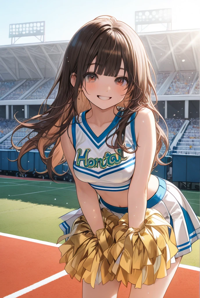 1lady solo, cheering, dancing, (dynamic posing), cheerleader (stylish outfit), mature female, /(dark brown hair/) bangs, blush brightly smile, open mouth, (teeth:0.8), (masterpiece best quality:1.2) delicate illustration ultra-detailed, large breasts BREAK (holding pom-pom) BREAK /(baseball stadium) grass, outdoors, audience