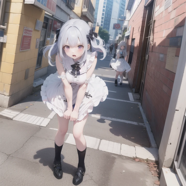 masterpiece, best quality,1girl, solo, bangs, left hair ribbon, (small breasts:1.4), red eyes, short hair, smile, solo, white hair, (Strapless:1.1), (off-the-shoulder:1.1), (cowboy shot:1.2), city, (uniform:1.2), (partially_unbuttoned:1.1), (Externally expanded Chest:1.2), skirt, (bent over:1.2), SFW, Female Full body standing straight symmetrical, looking to the viewer, hands on hips, peace sign,