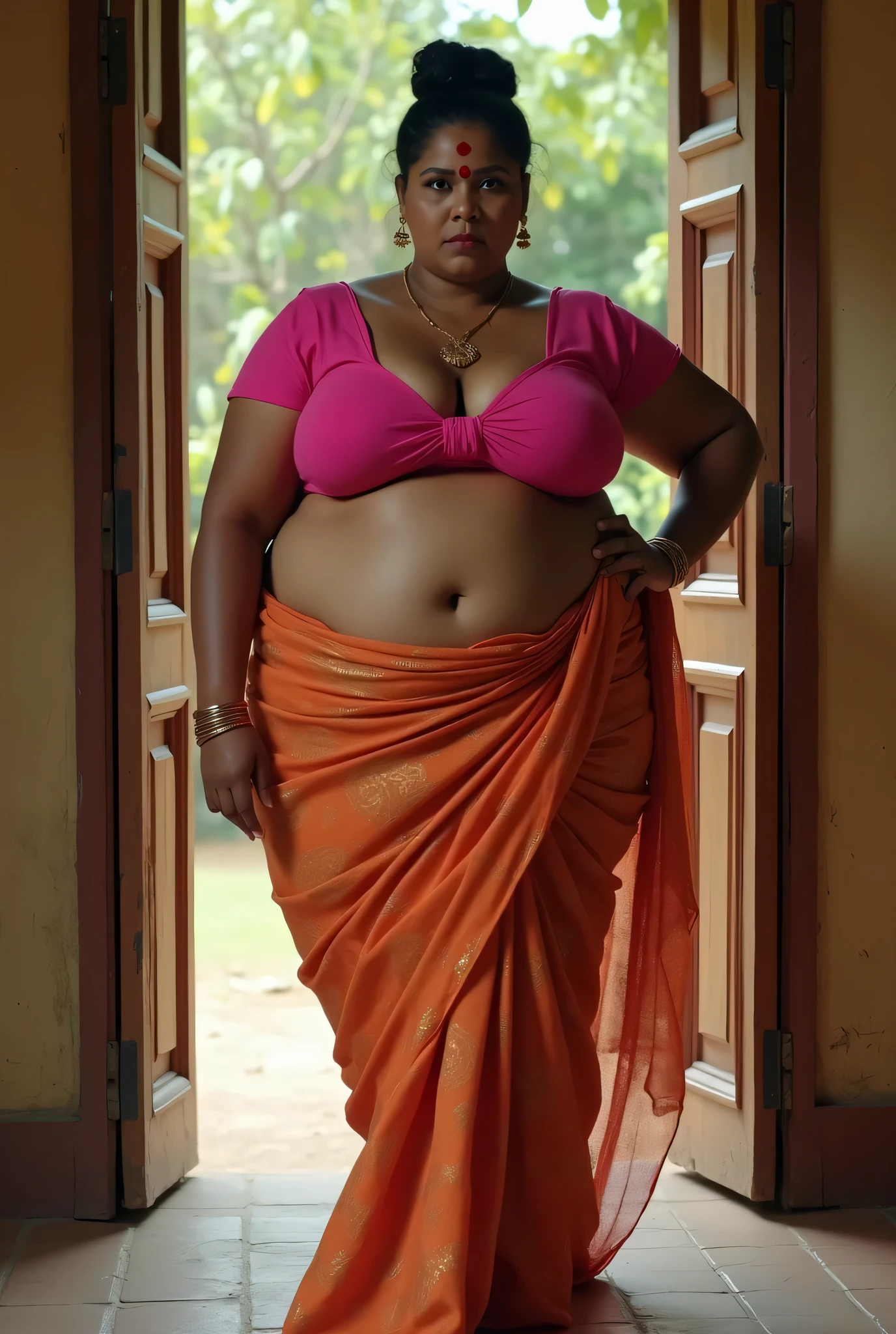 Looks like Anushka Shetty, Beautiful Indian Woman, wearing saree, sari Beauty, gorgeous, curvy, sexy navel folds, Apsara, Maharani, royal queen woman, nymph from Hindu Mythology, Urvashi, matchless beauty, Highly detailed, Oil Painting by Peter Paul Rubens inspired by Raja Ravi Varma, Matchless beauty, captivating, gorgeous, heavenly beauty, celestial beauty, by Peter Paul Rubens, 13, realistic, hyper realistic, micro details, incredible artwork, insane details, ultra High resolution, 8k, 32k, acrylic on canvas, intricate, flawless, detailed, detailed face, detailed eyes, masterpiece, by Peter Paul Rubens, by Caravaggio, by William Adolphe bouguereau, perfect face, perfect body, beautiful art, realism, baroque, renaissance Art, highly textured, beautiful and detailed eyes, uhd, best quality,