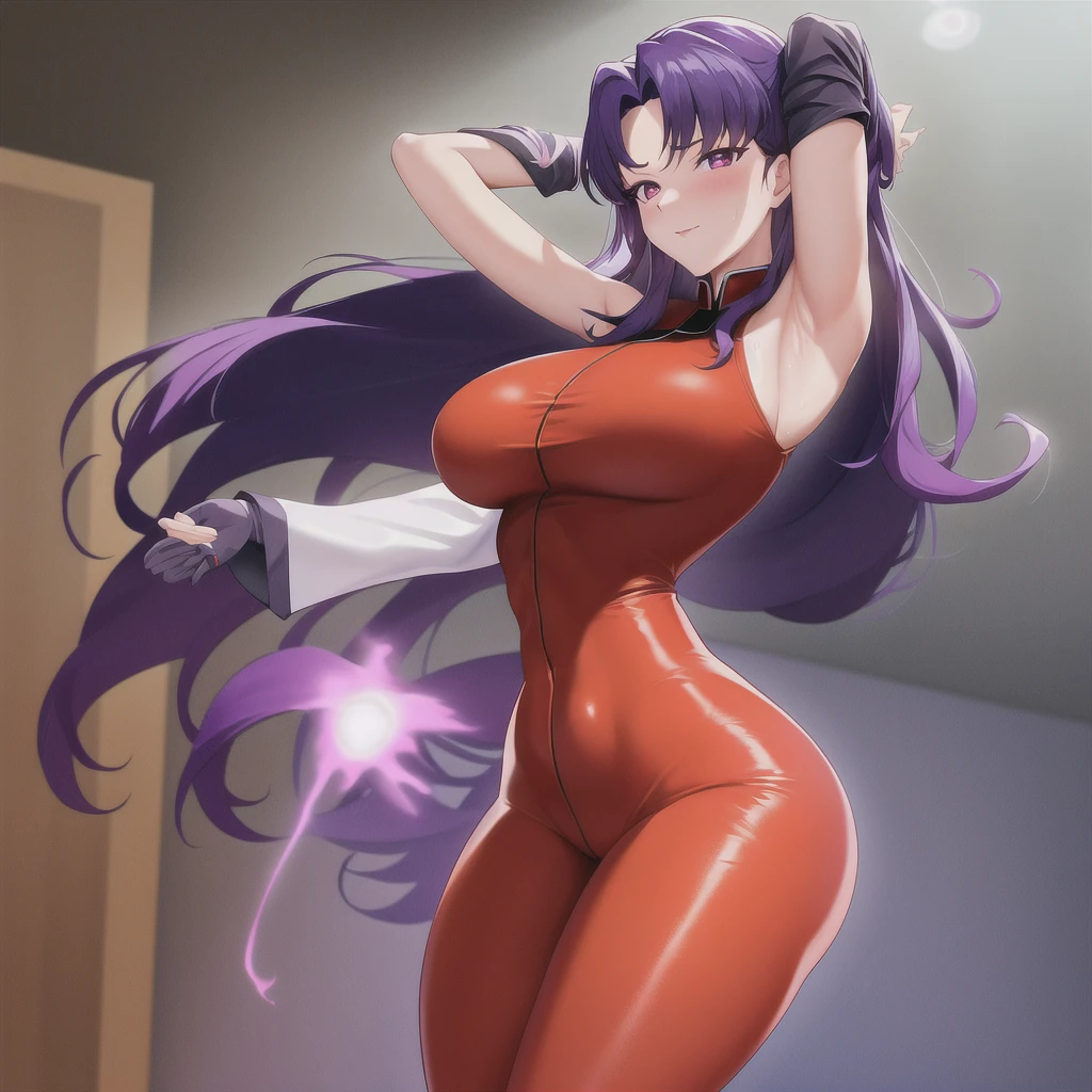 1girl, backless outfit, milf, mature 35 year old women, breasts, earrings, elbow gloves, gloves, high heels, jewelry, large breasts, lips, long hair, multicolored hair, navel, red hair, shadow, sideboob, background, solo, stomach, tan, turtleneck, two-tone hair, very long hair, virgin destroyer sweater, white background, yellow eyes, soft toned belly, wide hips, curvy, voluptuous, nsfw