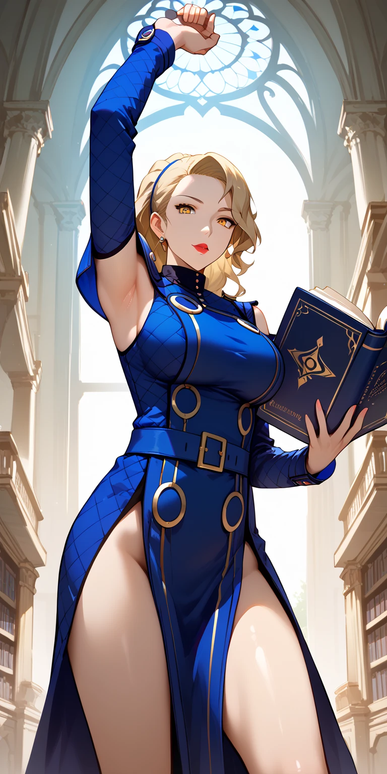 score_9, score_8_up, score_7_up, score_6_up, uncensored, score_9, score_8_up, score_7_up, score_6_up, uncensored, (24yo girl:1.1), strong milf, Artoria Pendragon Lancer, long hair, blonde hair, yellow eyes, sidelocks, single hair bun, french braid, crown, BREAK detailed eyes, (perfect hands, perfect anatomy), detailed skin texture, (blush:0.5), (goosebumps:0.5), subsurface scattering, cinematic, Sharp focus, humorous illustration, big depth of field, Masterpiece, concept art, trending on artstation, Vivid colors, Simplified style, trending on ArtStation, trending on CGSociety, Intricate, Vibrant colors, Soft Shading, Simplistic Features, Sharp Angles, Playful, excessive sweating, sweating profusely, sweating drop BREAK, large breasts, 1girl, solo, breasts, looking at viewer, full body, thighs, boots, groin, book, thigh gap, gem, floating, wide hips, open book, magic, floating object, bare hips, messy room, paper, spotlight, cropped hoodie, black bikini, long sleeves, floating book, hollow eyes,