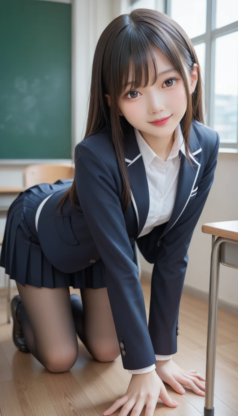 (8K), (highest quality: 1.2), (realistic), (realistic: 1.37), ultra high resolution, (1 girl), cute, smile, closed mouth, beautiful details, beautiful nose, ponytail, giant dulcefo, pork, thighs,self snap,University Student Uniform,(A simple navy blue blazer),pleated skirt,(The skirt and tie are gray tartan check pattern....:1.3),(sitting:1), sit on the ground,(hug your feet:1),(white stockings),from the front,knees,loafers