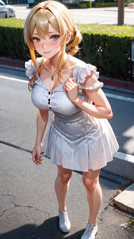 Vulgar,low angle,from below, ((panty shot)),(nsfw:1.5), ((lifting skirt)),((white panties focus)), ((1girl, skirt lifted by the wind,showing white panties masterpiece:1.4, best quality)),(Vulgar,nsfw),(skirt lift,very windy),(beautiful elegant white panties),very low angle,from below),((masterpiece, highest resolution,best quality)), (beautiful photo realistic illustration), ((semi long beautiful blonde hair,blunt bangs,pony tail,beautiful eyes)),(solo),(beautiful elegant light blue sexy knit one piece skirt,skirt lifted by the wind),(looking at the viewer), (walking around the shopping mall),
(innocent smile, Embarrassed),(white over-kneehighs,Lace chalker, wristband, fingerless gloves, over-kneehighs,
Lace chalker, diamond necklace,wristband, fingerless gloves, earrings), (cinematic lighting, very windy),shopping mall,big city,busy street,day,blue sky,flowers and trees,crowded,(from the ground),(beautiful elegant Underwear patterns),