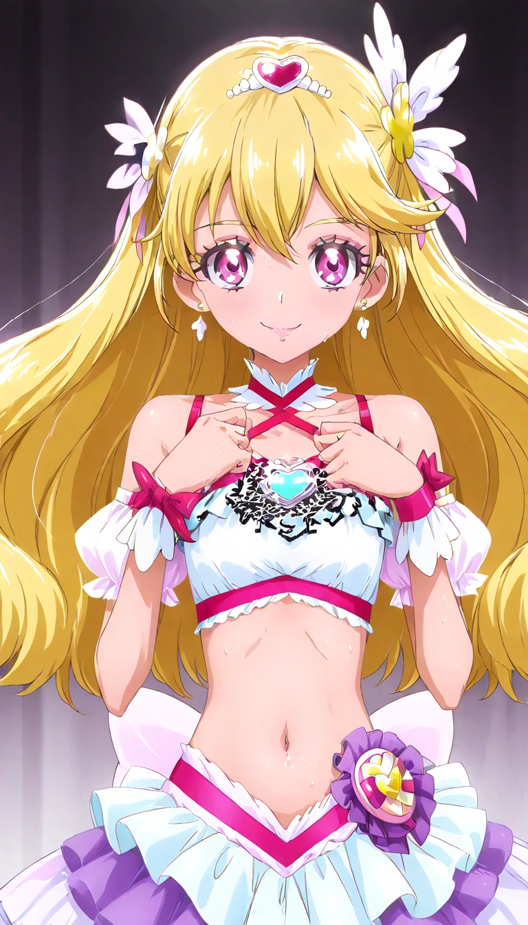 (Anime:1.8), megami magazine, (masterpiece, top quality:1.4), Not Safe for Work, detailed skin, detailed face, 1girl, idol, cute face, , 14-yo, blue eyes, droopy eyes, big eyes:1.5, laughing, red blush, (blonde-yellow hair), long hair, (shiny wavy hair), white frilled bikini wedding gown, swimsuit, sarong, tiara, Bride Veil, cute, baby face, twinkle in the eye, simple background,