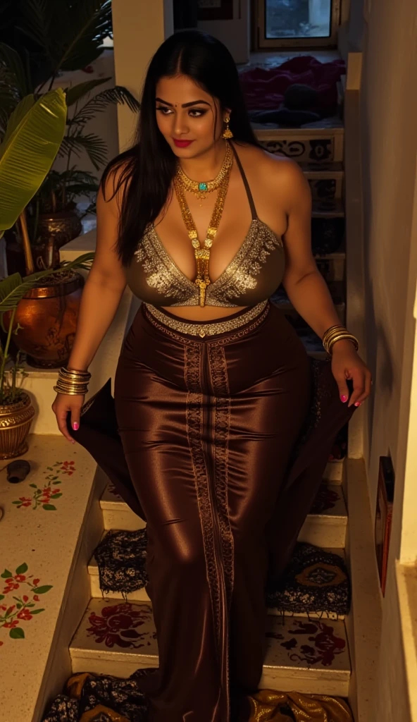 A photorealistic portrait of a 30-year-old Indian hairy pussy, large big breasts chubby woman with long black hair and fair skin, completely naked except for a dupatta chunni and adorned with traditional jewelry, bangles in hand,standing and creating seductive adult poses. The focus should be on her perfect hairy pussy and nipple, with high attention to detail on the jewelry and intricate rangoli pattern,in garden.The setting should be warm and inviting, with soft lighting to enhance the natural beauty of the scene.