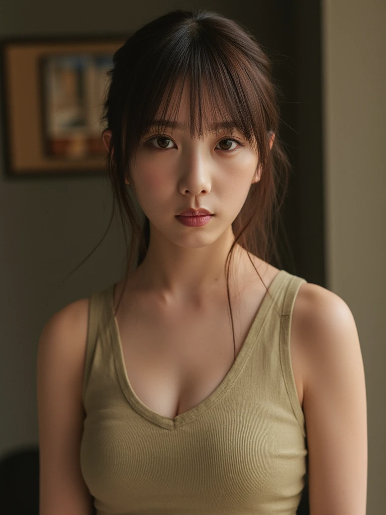 ((highest quality, masterpiece :1.3)), Photorealistic、Ultra-high resolution、Natural skin texture、Hyperrealism、Near Movies、Beautiful Japanese girl in her late teens、Tank top、Rope bondage around the chest、Angry expression、Shooting in the classroom