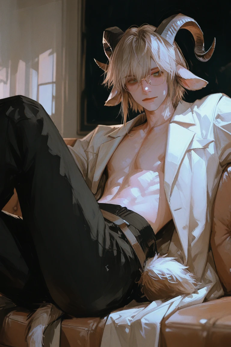Male with light beard, flowing white hair, has wolf ears, has wolf tail, , happy, playful, sitting on couch watching tv, wearing panties, wearing stockings, wearing lingerie