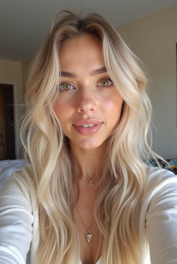 A 23-year-old blonde woman, ((pechos grandes)), ((hiperrealismo)) ,. blonde hair with light brown roots. cabello rubio, Hair with brown roots, cabello extra largo, cabello muy largo, really long hair, Beautiful, Front view, casual pink clothing, full body, high quality, cleavage