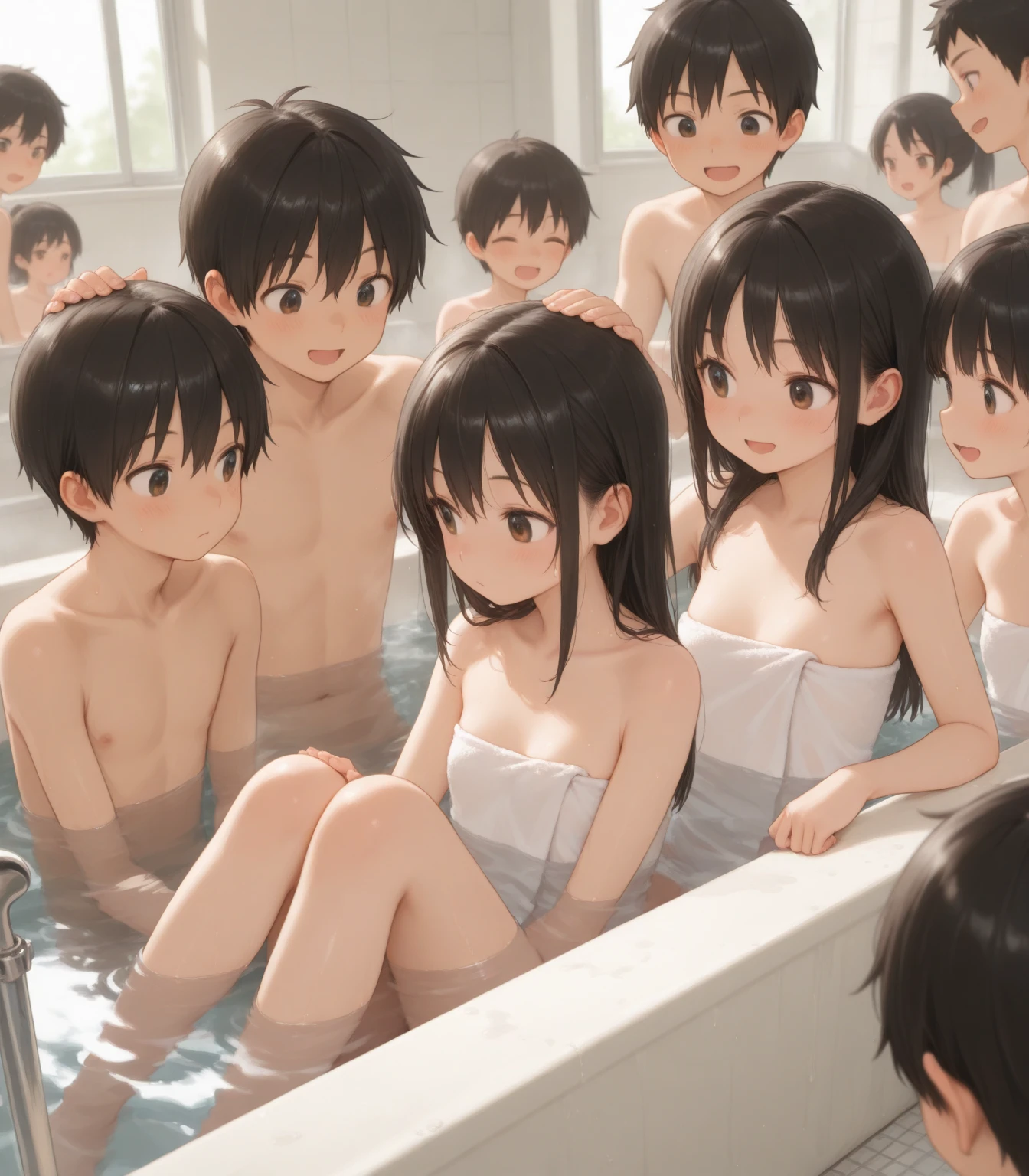 ((Highest quality, 16K, masterpiece: 1.3)), ((Small Chest、10 year old girl:1.5、Small Head)), Beautiful Woman with perfection Figure: 1.4, Slim abs: 1.2, ((Beautiful glossy brown hair)), ((small: 1.4)), ((K-POPアイドル: 1.3)), ((Twin tails))、((stop temporarily)), ((Fascinating)), ((Pink small beautiful nipples)), (((excessive cum on body)))、(((((frontage)))))、(((Spread your legs)))、(((Split))), ((arms up:1.2))、Ultra-realistic 16K cg, perfection Face, perfection, Clean Solo, (blush: 0.5),masterpiece, Professional artwork, Famous works of art, Smile gently, A big smile, Beautiful Eyes, ruddy skin, Perfection fingers, Beautiful Hands, Depth of written boundary, Realistic: 1.3, (Cinematic composition: 1.3), (HDR: 0.1), Accent lighting, naked, athletic body shape, Legs apart, Raising his leg, double eyelid, eye contact, Nipples, whole body:1.5、(((vaginale,sex:1.8)))、(((lying、man touch clitoris、grabbing another man’s breast:1.1、Lots of naked men:1.8、Super intense orgy:1.9)))、(((ejaculation:1.5)))。