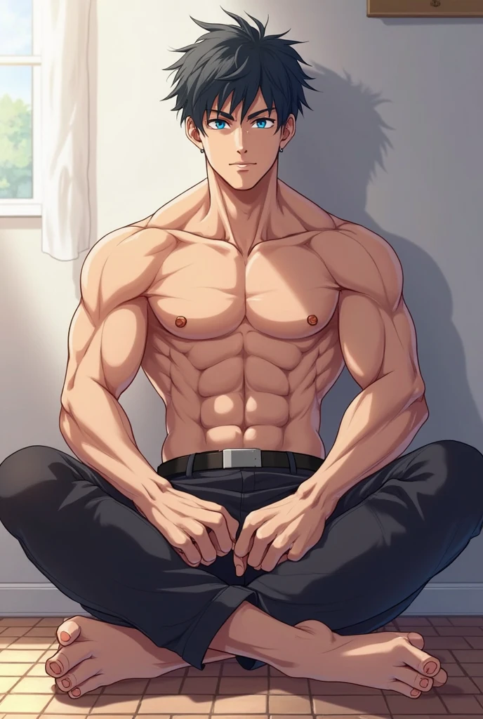 Katsuki Bakugo from Boku No Hero Academia, wearing white triangular swimwear, bulge, serious, bodybuilder, defined body, shirtless, abs, big legs, sexy, sitting in the bed