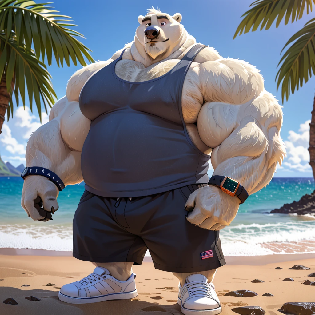 huge muscular old polar bear in Panama City Beach Florida, big smirk, polar bear, huge white fur, thick arm, huge arm, mustache, bearded. white hair and beard, bearded, (muscular, pectoral, wide pectoral, thick arms), beach, palm, realistic, 8k, masterpiece, detailed grey eyebrows, deatiled eyes with blue pupils, (wearing black shorts, wristband, watch, large blue tank top and white shoes), bouncing up his chest pectorals