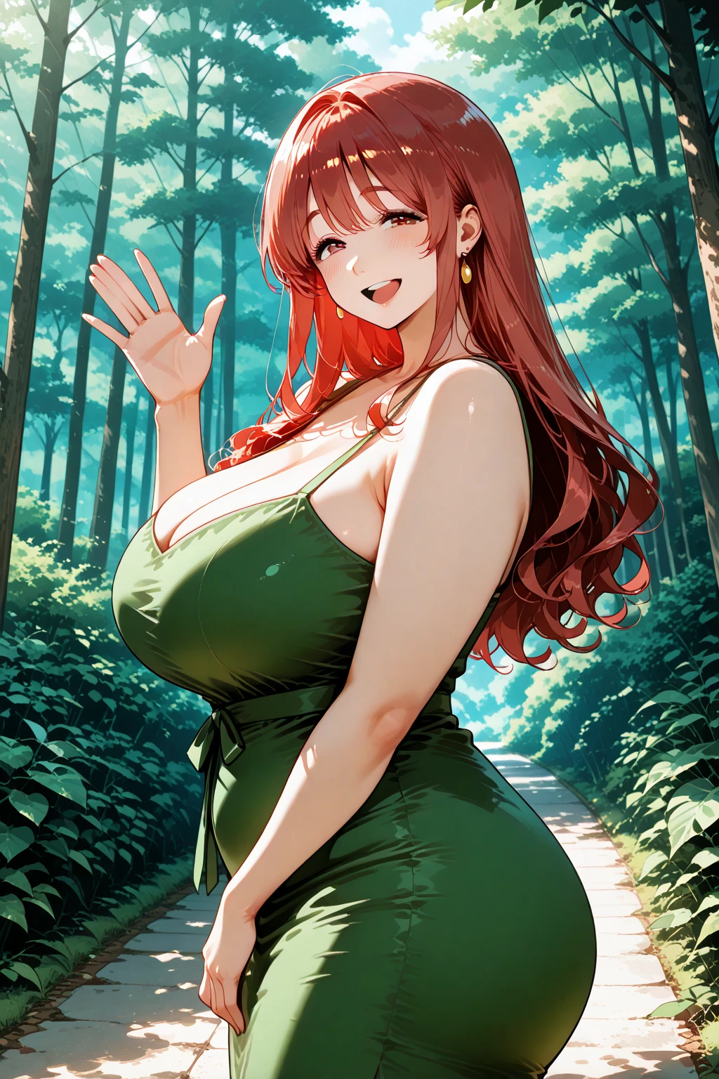 ginger hair, pony tail, green eyes, cleavage, sun dress, very tall, very long legs, island resort, huge breasts
