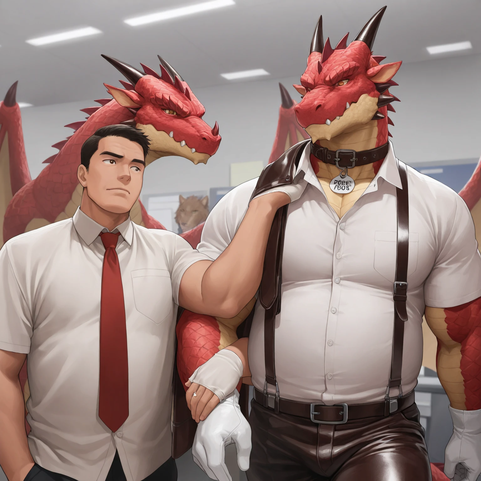 masterpiece, Anthropomorphic black dragon, White belly,There is a pair of beautiful dragon horns.., Black Dragon Scales,1 tail, very muscular body, Nice, Shorts only, office worker　8 toned abs　Great arm muscles　good looking　whole　Face down on the bed　　Pull down your pants　Between the legs　　　Long trousers