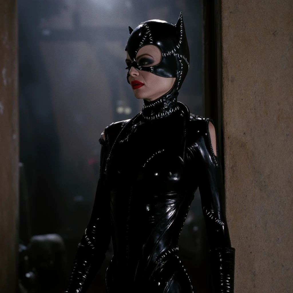 cinematic film still of  Catwoman a  seduce face woman in a catwoman costume is being held up by a man tim burton style,1girl,looking at viewer, fighting pose, gloves,teeth,solo focus,collar,lips,bodysuit,makeup,mask,clenched teeth,angry,realistic,domino mask, claws, 1990s, shallow depth of field, vignette, highly detailed, high budget, bokeh, cinemascope, moody, epic, gorgeous, film grain, grainy