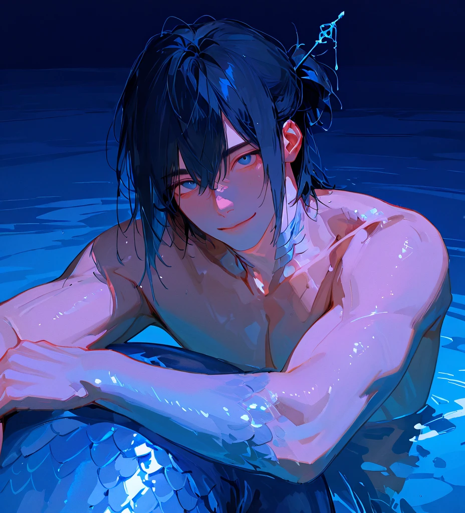 Anime man without shirt,Sitting in the water with a fish, Shinkai Makoto and artgerm, Anime handsome man, Cool anime poses, The handsome guy in Demon Slayer, Inspired by Masanobu Okumura, Shinkai Makoto art style, Tall anime man with blue eyes, Shinkai Makoto ( Apex Legends ), guys