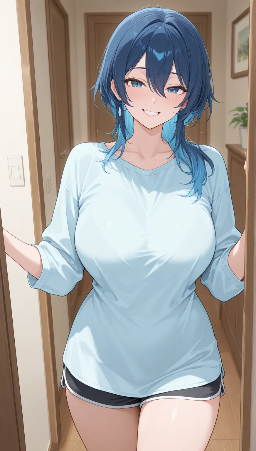 (Masterpiece), Best Quality, ultra-detailed, 1girl (rinko_iori, Slender and sexy body, huge and pretty breasts,  wide hips, naked body, dark blue hair, long wave hair, blue eyes), evil face, smirk,parted lips,mascara, full  makeup, red lipstick, facing viewer, looking at viewer, solo, elegant tight evening dress, very tight dress, silver dress, sexy outfit, long slim and fit leg, big v neckline, 21thshirow, covered nipples, in the store, standing, Sexy waist teasing, a provocative pose 